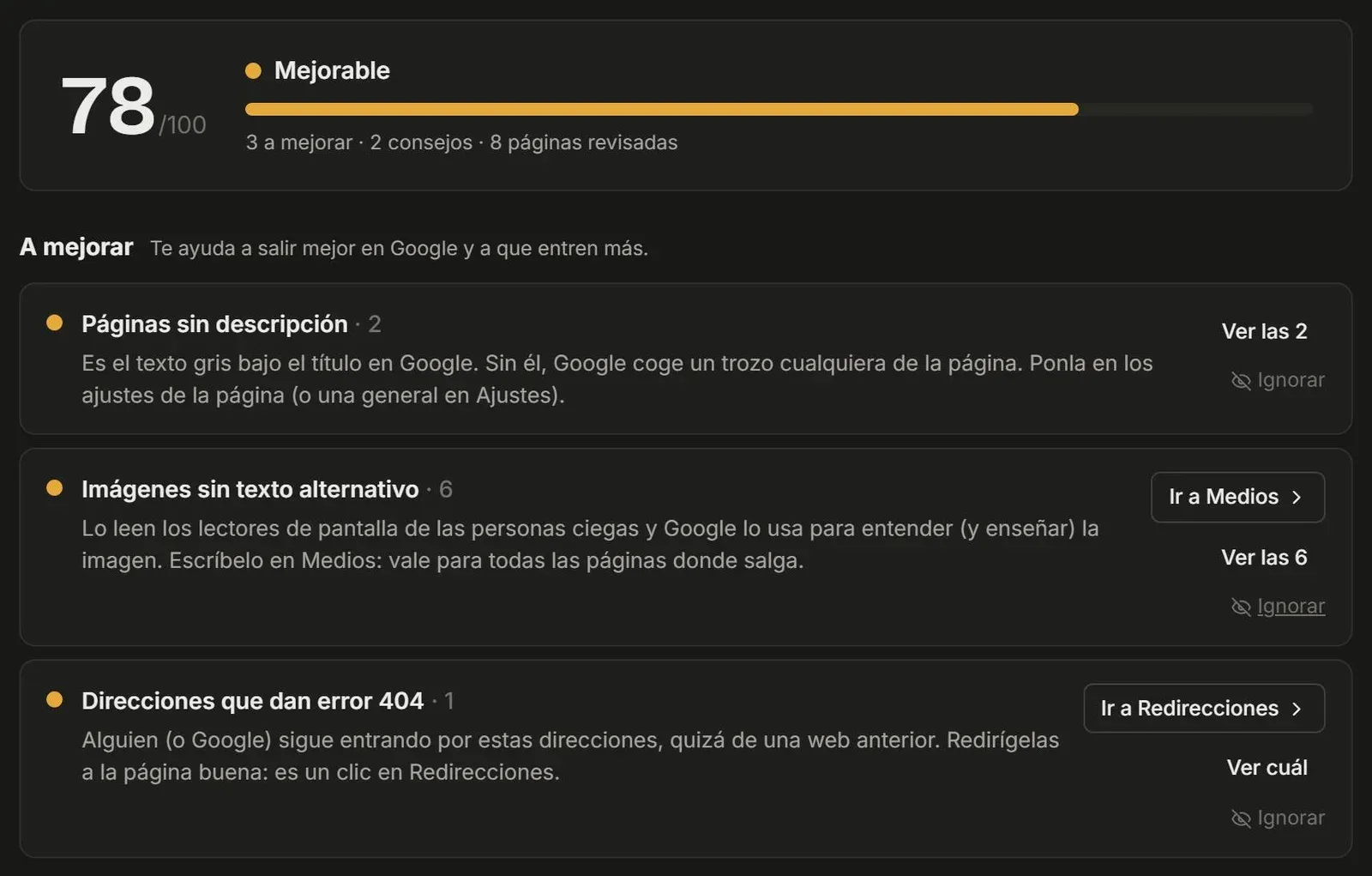 La pantalla de Salud de la web: una nota de 78 sobre 100 y la lista de cosas a mejorar
