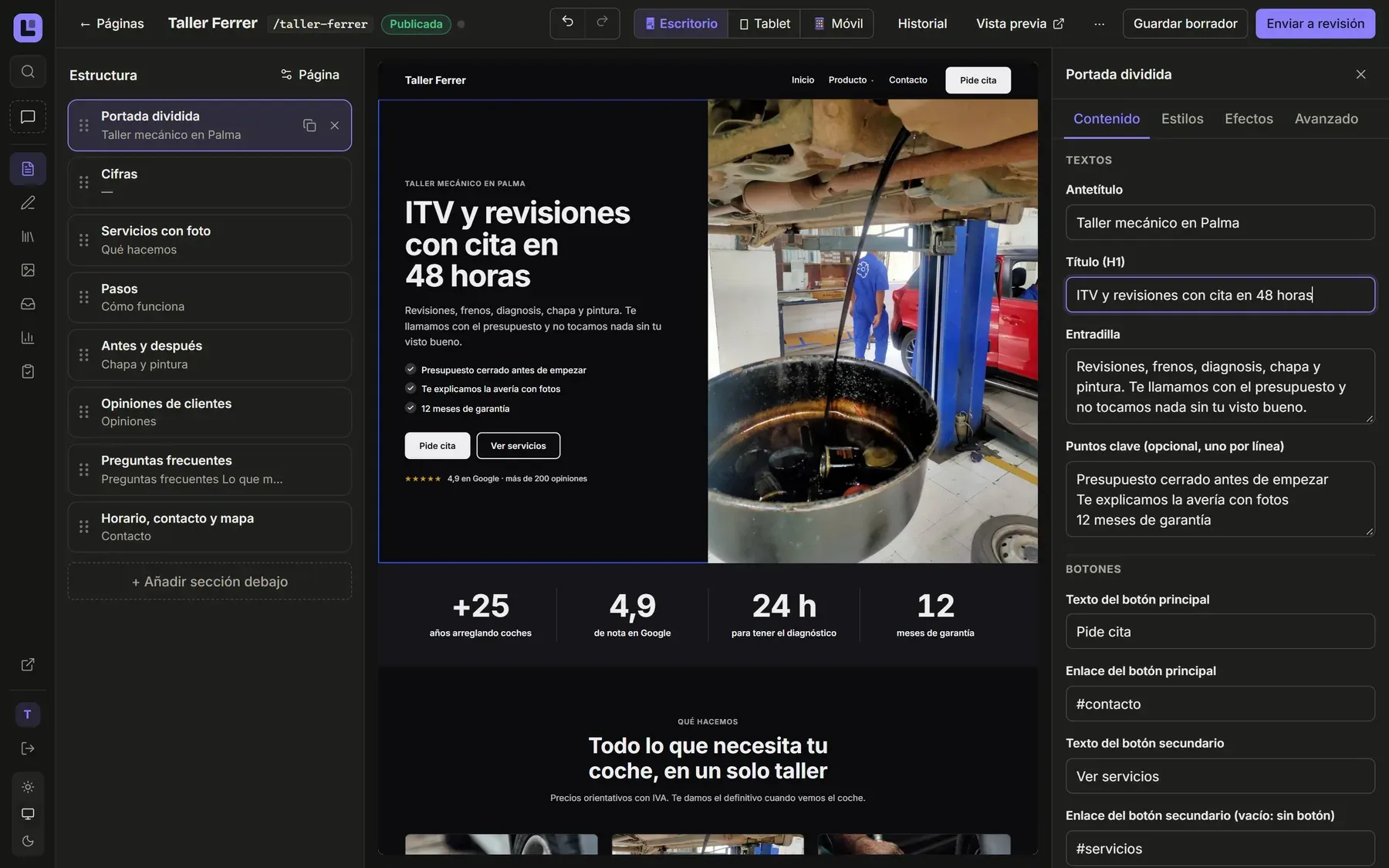El panel en modo cliente: el cliente escribe un titular nuevo y la web de ejemplo cambia al momento