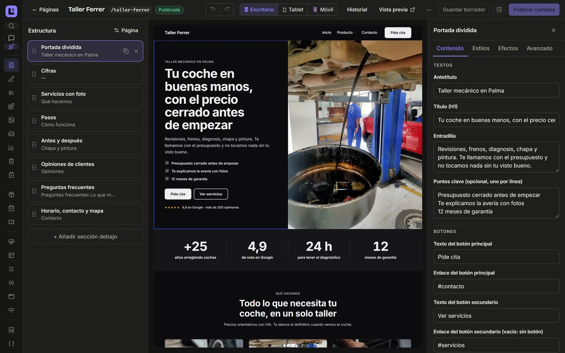 El editor de páginas de Layo, con la lista de secciones, la vista previa y los campos de la portada